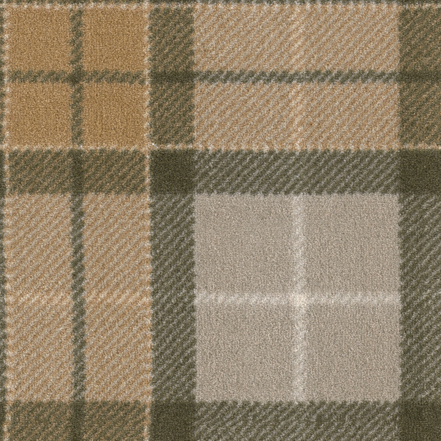 A close-up of the Club Royal On Trend Carpet in Fern Grove shows large plaid squares in beige, tan, brown, and olive green with a soft, plush texture and gently blurred edges between the colors.