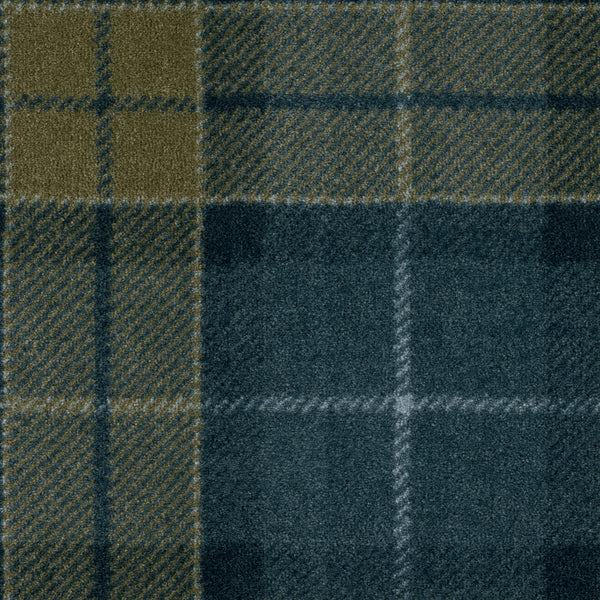 A close-up of Club Royal On Trend Carpet in Midnight color shows intersecting lines of dark green, olive, and blue forming squares and rectangles with a plush pile texture—ideal for stylish interiors.