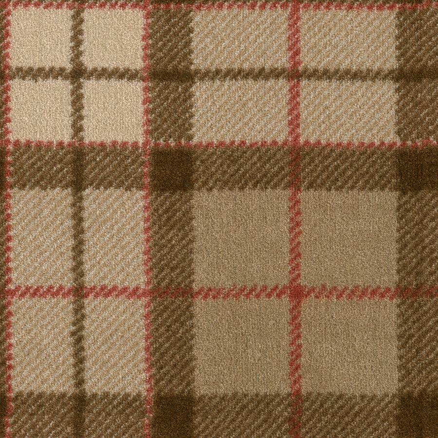 A close-up of Club Royal On Trend Carpet in Oakwood shows a plush tartan pattern with intersecting beige, brown, tan, and thin red lines—perfect for adding style and cozy comfort to any space.