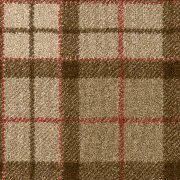 A close-up of Club Royal On Trend Carpet in Oakwood shows a plush tartan pattern with intersecting beige, brown, tan, and thin red lines—perfect for adding style and cozy comfort to any space.