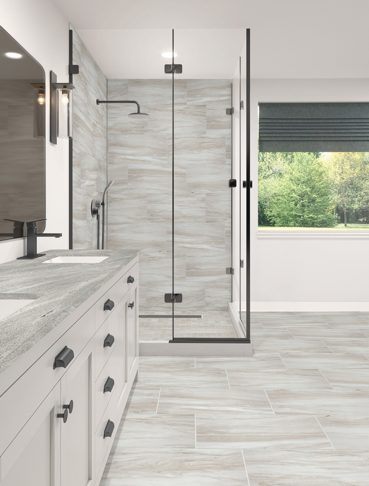 
		                            	A modern bathroom featuring light gray Skyline 12x24 Porcelain Tile on the floor and shower walls, with a glass-enclosed shower and a dual-sink vanity.
		                            