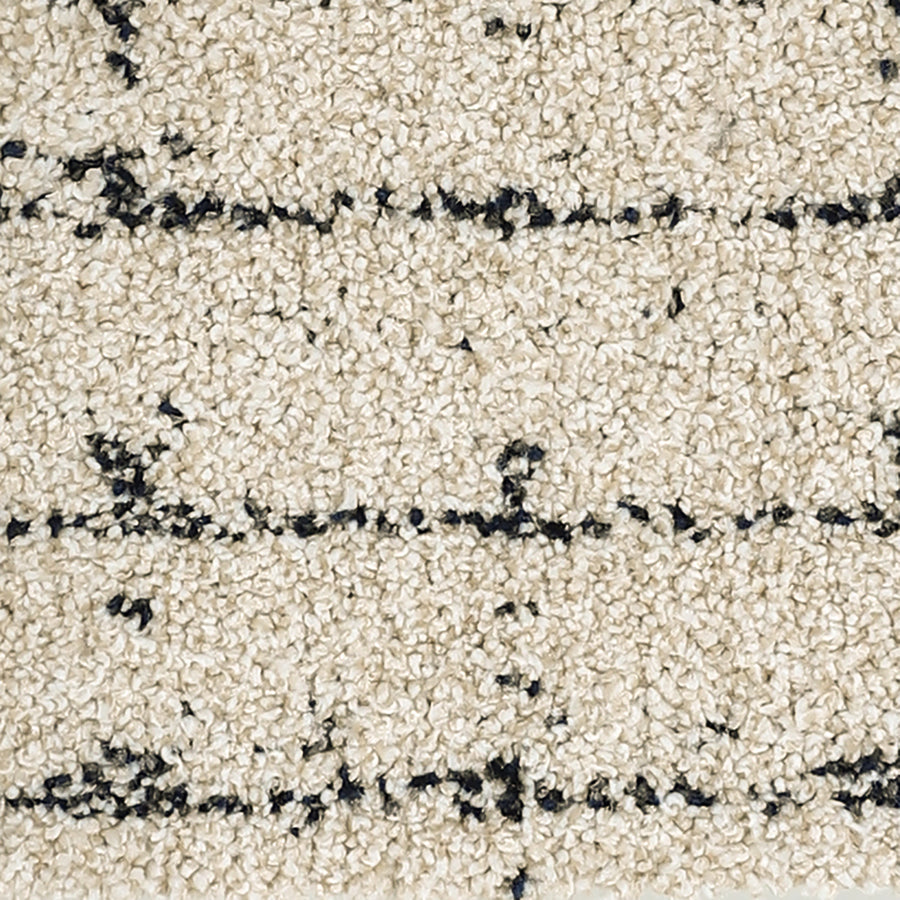 Close-up of Furry Fun Pet Friendly Carpet, featuring a textured beige surface with small, irregular black lines and dots forming a subtle, abstract pattern.
