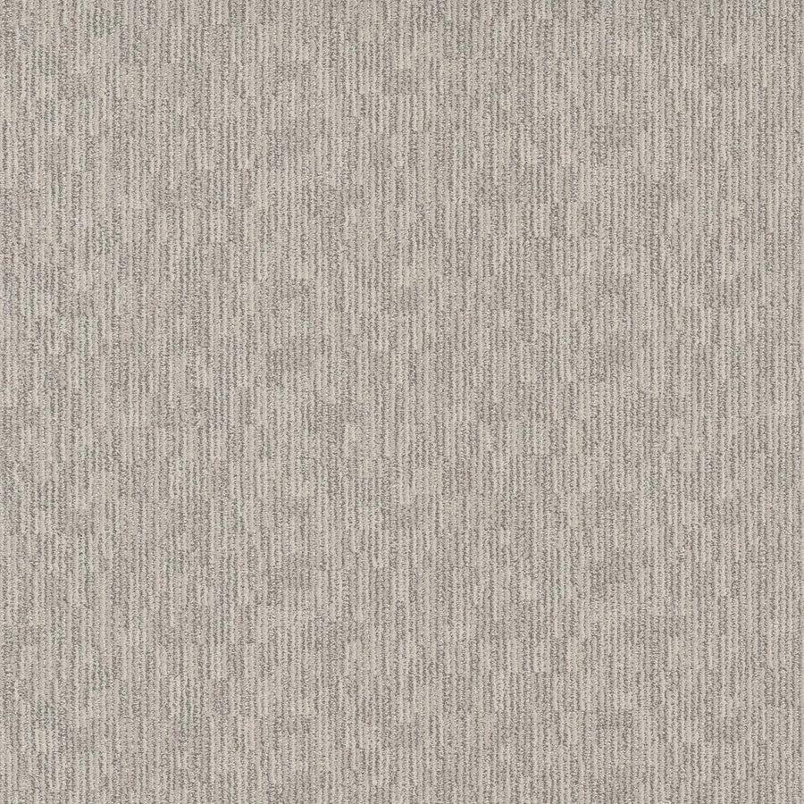 A close-up view of Sneak Peak Berber Carpet in Coconut Ice, featuring light grey textured fabric with a subtle, irregular vertical linear pattern, echoing the dense pile and durability typical of high-quality Berber flooring.