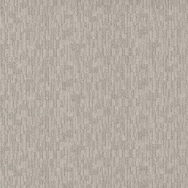 A close-up view of Sneak Peak Berber Carpet in Coconut Ice, featuring light grey textured fabric with a subtle, irregular vertical linear pattern, echoing the dense pile and durability typical of high-quality Berber flooring.