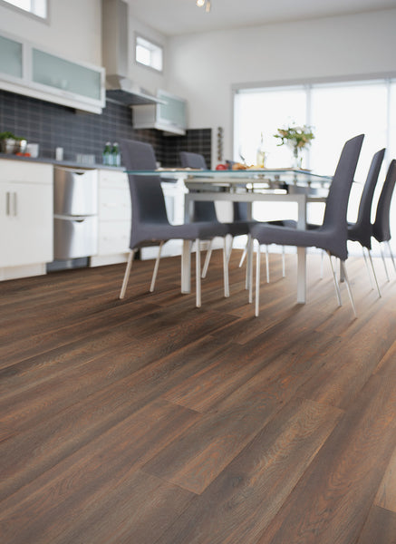 Modern kitchen and dining area with dark wood flooring, white cabinets, stainless steel appliances, and a glass table surrounded by dark chairs. Bright sunlight streams through large windows in the background.