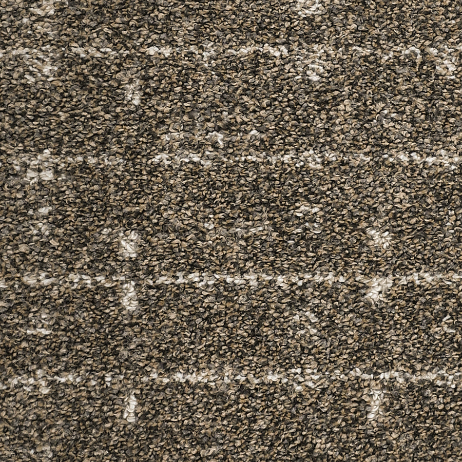 Close-up of Furry Fun Pet Friendly Carpet in brown and beige, featuring a subtle plaid pattern, looped fibers, and a soft, dense surface ideal for luxurious comfort.