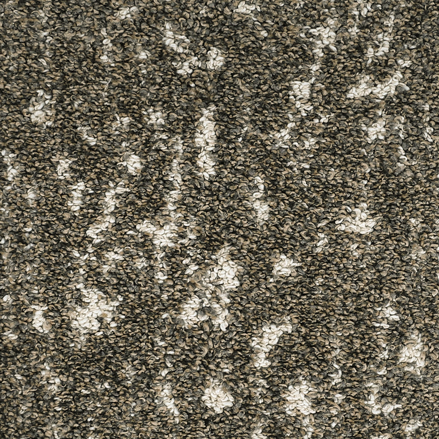Close-up of Meow Mosaic Pet Friendly Carpet, featuring a textured, looped surface in dark gray, light gray, and off-white fibers for a stylish mosaic design—perfect for homes seeking durable, pet-friendly flooring.