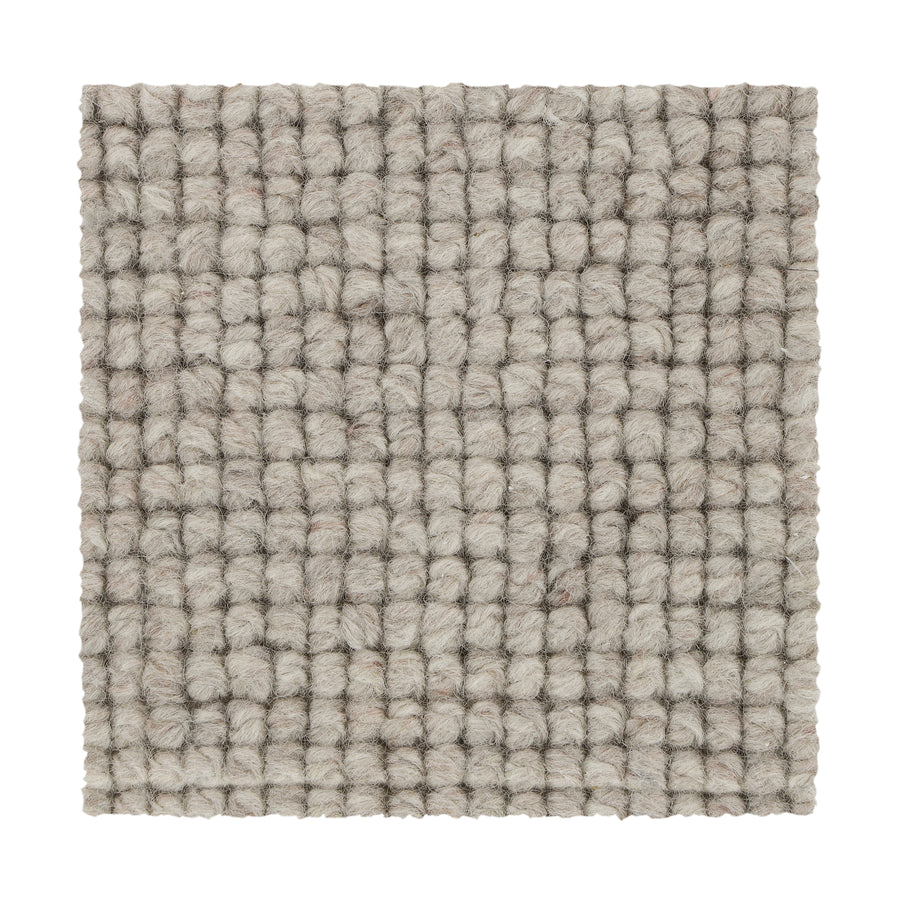 Square sample of Collanmore Berber Carpet in Gardenia color. Features a textured, chunky looped pile and grid-like raised surface for a soft, cozy look—ideal premium flooring for high-traffic areas. Shown on plain white background.