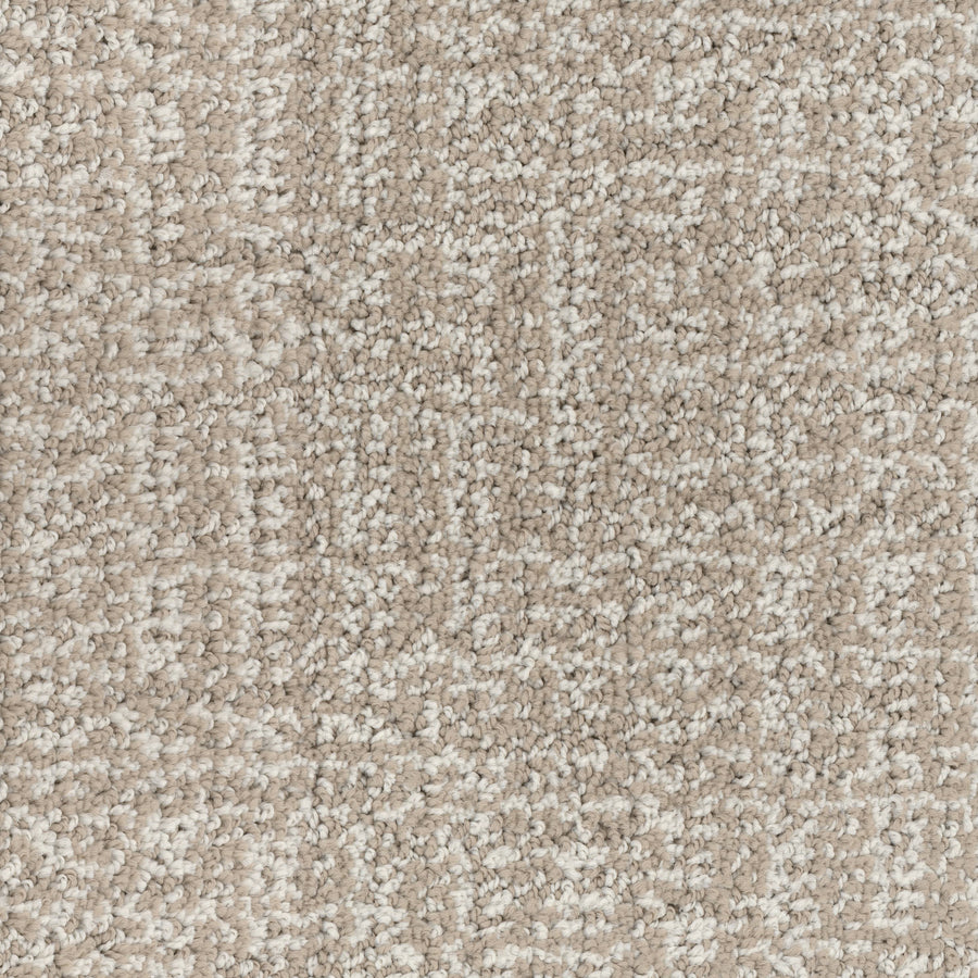Close-up of Connection Pet Friendly Carpet, featuring a beige looped pile with multi-color flecks. Light and medium brown fibers create a soft, neutral finish—perfect for homes with pets.