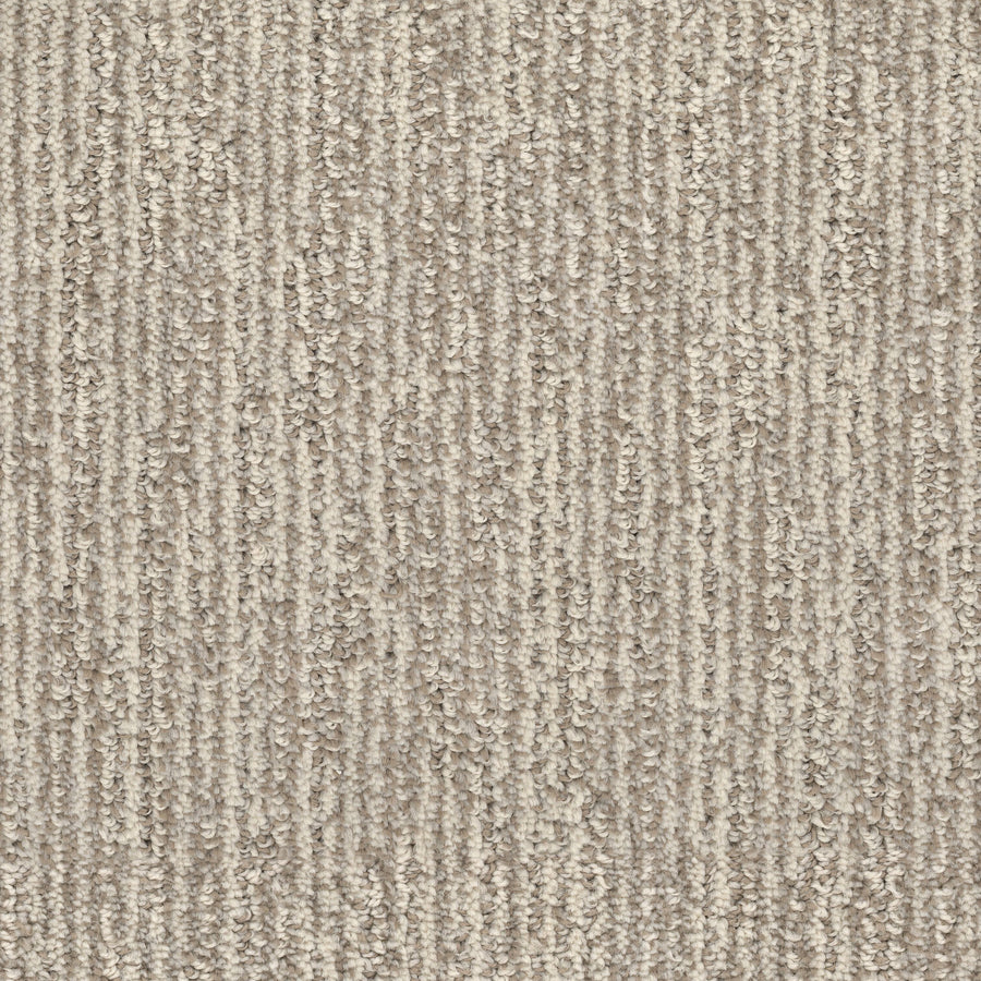Close-up of Contentment Pet Friendly Carpet, a beige stain-resistant looped pile with vertical lines in light brown and cream tones—ideal for homes with pets.
