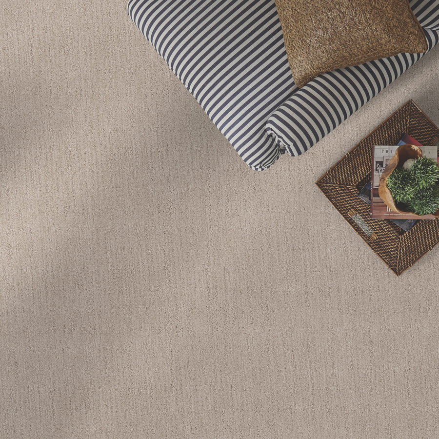 A striped blue and white couch with a brown cushion sits next to a woven tray holding a magazine and a small plant on a light beige carpet.