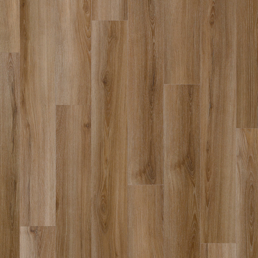 Coretec Originals Classics Vinyl planks in light brown feature wood and stone visuals with natural grain and texture, arranged in a staggered pattern for a smooth, modern look.