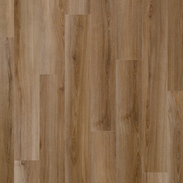 Coretec Originals Classics Vinyl planks in light brown feature wood and stone visuals with natural grain and texture, arranged in a staggered pattern for a smooth, modern look.
