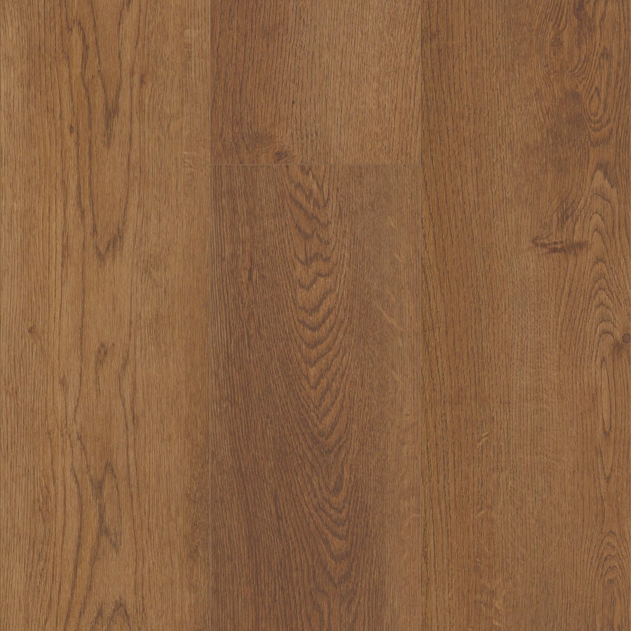 Close-up view of Coretec Plus XL Enhanced Vinyl in medium brown, featuring natural wood grain patterns and subtle knots, arranged side by side for a durable, waterproof flooring option.