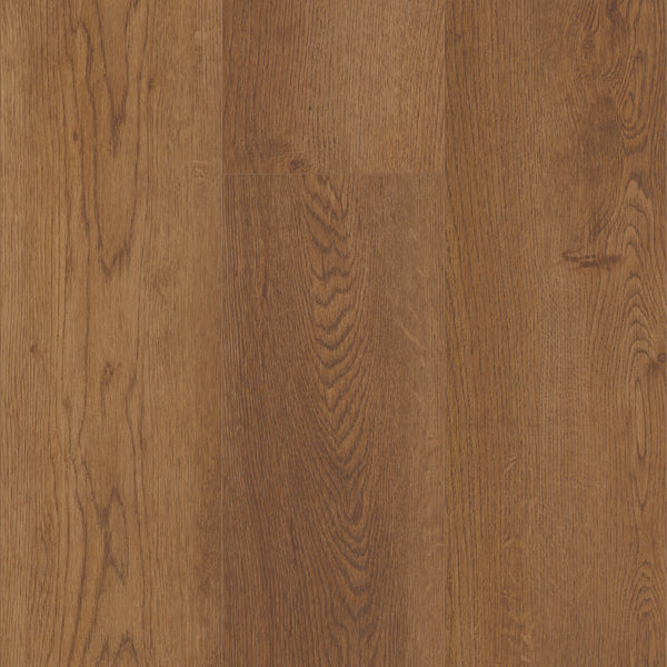Close-up view of Coretec Plus XL Enhanced Vinyl in medium brown, featuring natural wood grain patterns and subtle knots, arranged side by side for a durable, waterproof flooring option.