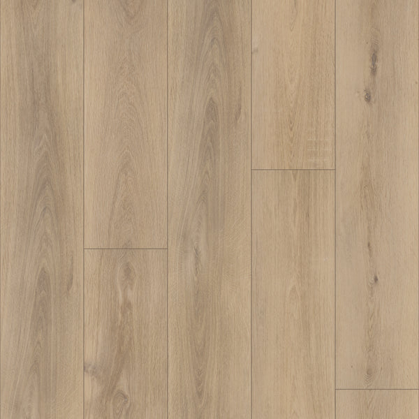 Coretec Pro Plus XL Enhanced Vinyl planks feature light brown wood and stone visuals with natural grain, knots, and subtle color variations—providing stylish, waterproof flooring in a parallel pattern for any space.