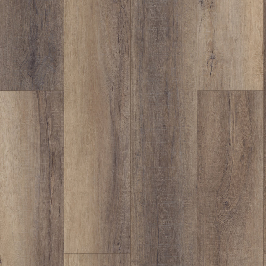 A close-up of Coretec Pro Plus XL Enhanced Vinyl planks highlights their natural, rustic finish with multiple brown tones and visible wood grain and knots that convincingly replicate real wood and stone.
