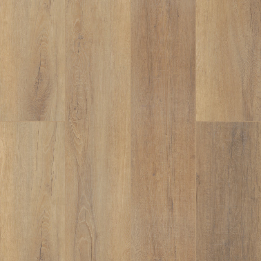 Coretec Pro Plus XL Enhanced Vinyl features light brown luxury vinyl flooring with natural grain patterns and subtle knots in a horizontal layout. With a smooth, warm, natural finish, it is waterproof and highly durable.