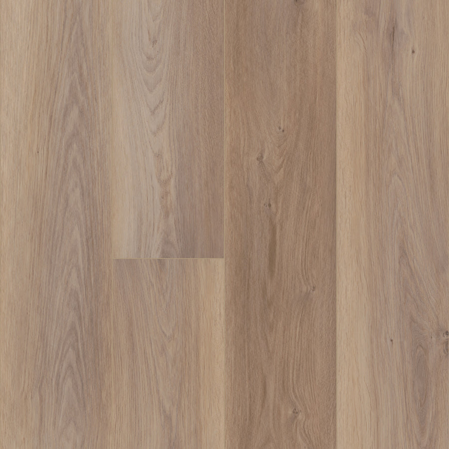 Coretec Pro Plus XL Enhanced Vinyl features light brown luxury vinyl planks with natural wood grain, subtle knots, and a matte finish. Laid side by side for a seamless modern look, this flooring is waterproof for lasting durability.