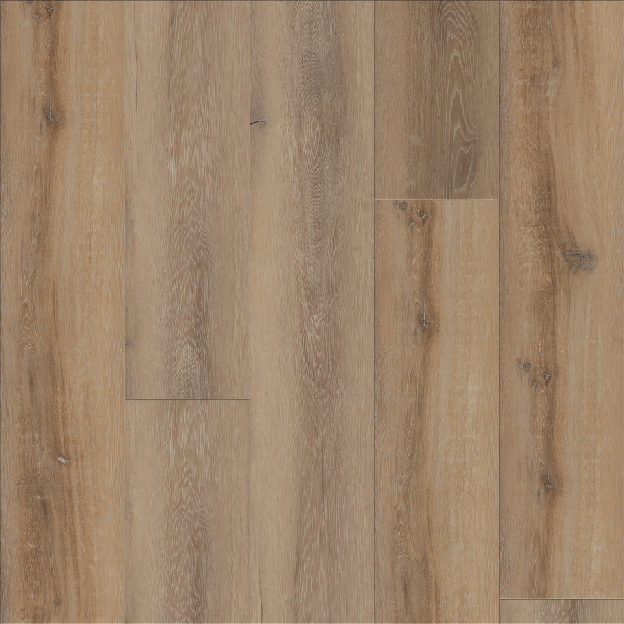 Close-up of Coretec Plus Premium Vinyl flooring showcases a natural light brown finish with visible wood grain patterns and knots, offering a rustic look and durable performance.