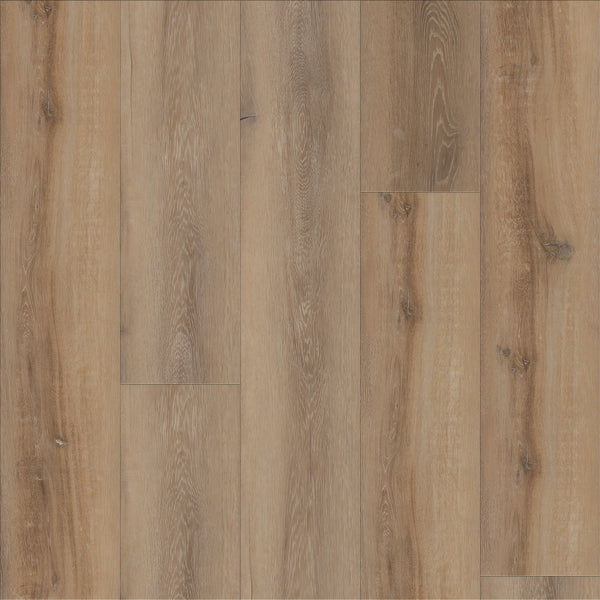 Close-up of Coretec Plus Premium Vinyl flooring showcases a natural light brown finish with visible wood grain patterns and knots, offering a rustic look and durable performance.