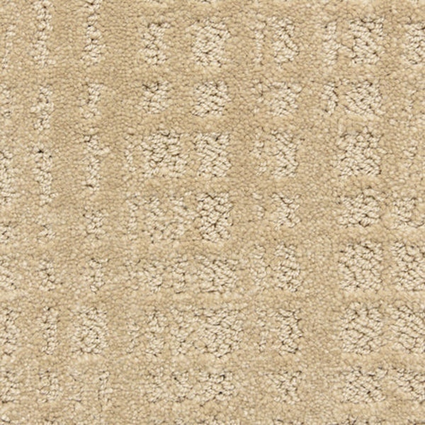 Close-up of Willow Lake On Trend Carpet in Corn Maze, showcasing a beige textured surface with a subtle square grid pattern and looped fibers—ideal for stylish, high-traffic spaces.