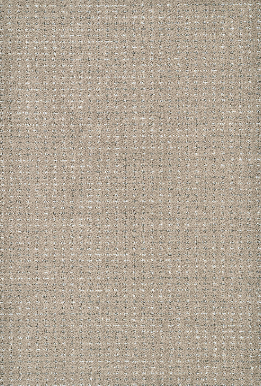 A close-up view of Chalet On Trend Carpet in beige shows a soft woven texture with a subtle grid pattern of white and gray threads, creating a slightly rough yet luxurious finish ideal for stylish interiors.