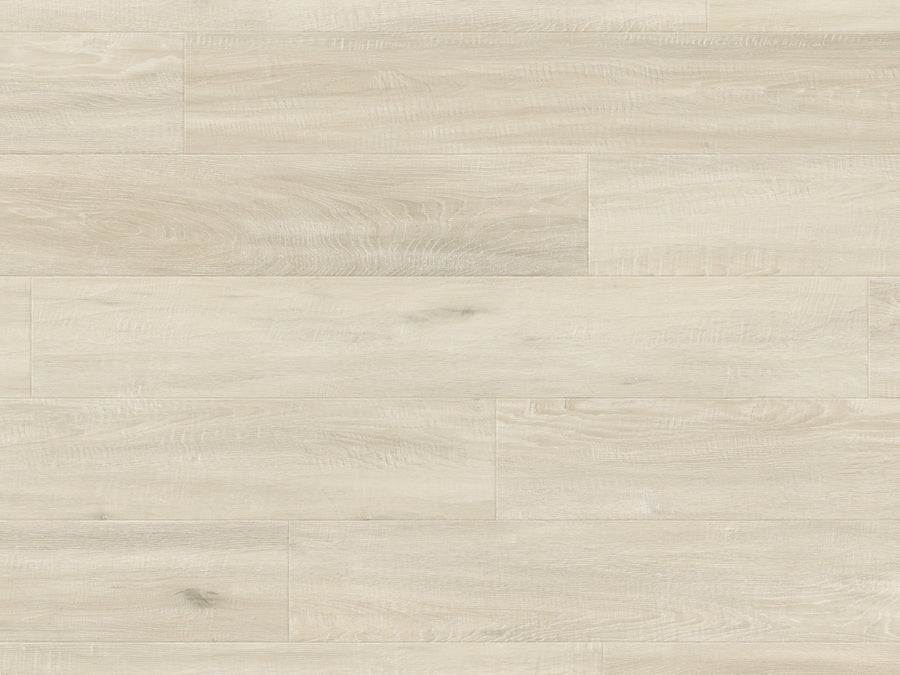Art Select 7" Vinyl Plank in Cotton Oak features light beige tones with gray and cream hints, a smooth matte finish, subtle grain patterns, and a staggered layout—durable flooring perfect for modern interiors.