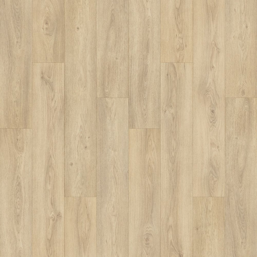 Danish Overlook 7 1/2" Waterproof Laminate in Cream Oak features a natural grain pattern with warm beige and light brown tones. Its staggered planks create an inviting, stylish look that mimics authentic light oak wood.