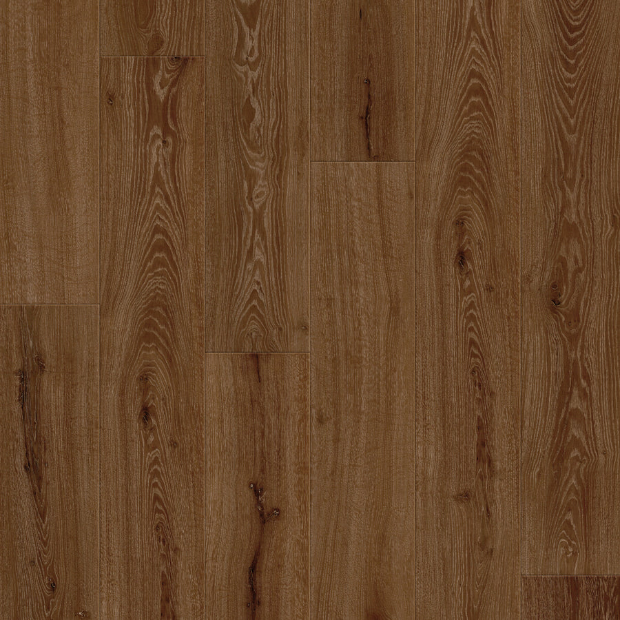 Close-up of Coretec Retro Revival 9" Vinyl Plank in Crimson Flame Oak, featuring natural grain patterns and knots in a staggered layout. Durable vinyl with a matte finish enhances its textured, vintage look.