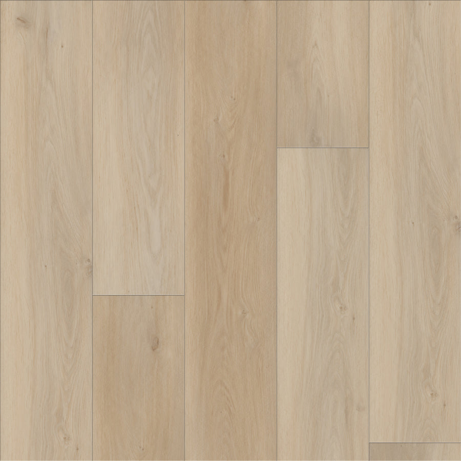Coretec Plus Premium Vinyl flooring features wide planks with subtle grain patterns and a smooth, natural finish. Its durable surface ranges from pale beige to light brown tones, bringing warmth and elegance to any room.