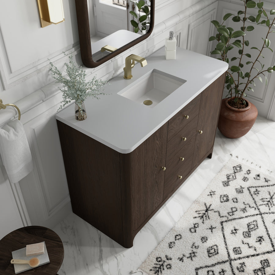 Modern bathroom with a dark wood vanity, white countertop, gold faucet, rectangular sink, decorative vase, potted plant, and patterned rug on a marble floor. A mirror and towel ring are mounted on the white paneled wall.