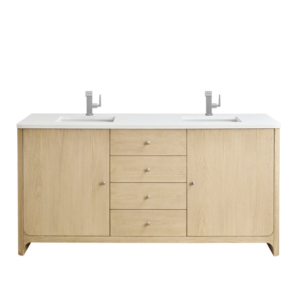 Light wood double bathroom vanity with a white countertop, two square sinks, two modern silver faucets, four central drawers, and two cabinet doors on either side.