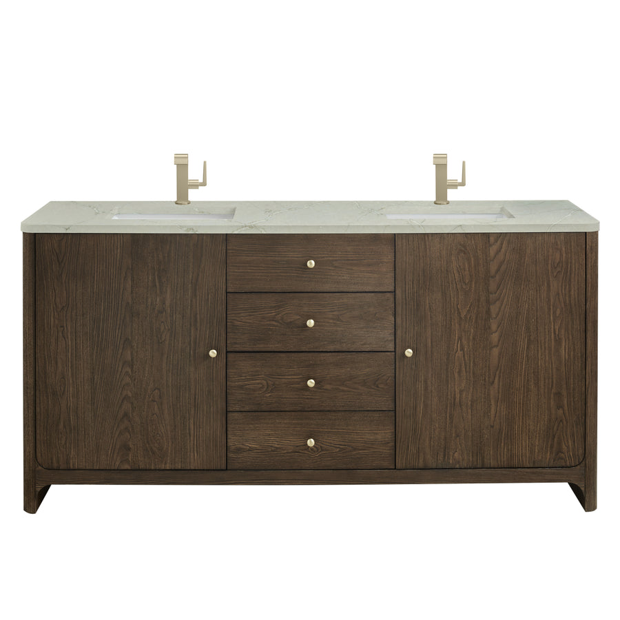 A double-sink bathroom vanity with a white countertop, two gold-tone faucets, dark wood cabinetry, four central drawers, and two side cabinets.