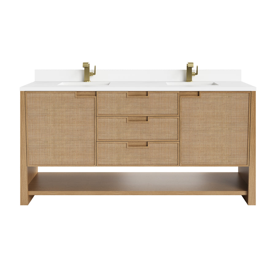 A double-sink bathroom vanity with a white countertop, two gold faucets, light wood cabinets and drawers, and an open lower shelf. The design is modern and minimalist.