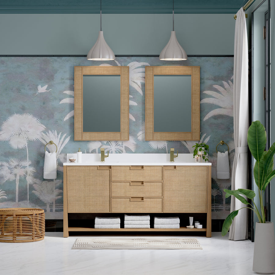 A stylish bathroom with the Solene 72" Vanity, double sinks, two rectangular mirrors, rattan cabinets, pendant lights, tropical leaf wallpaper, folded towels, a woven basket, and sunlight through an open glass door.