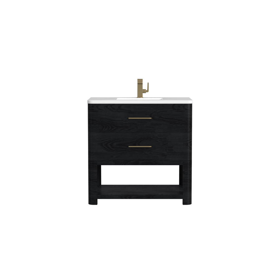 Black wooden bathroom vanity with two drawers, brass handles, an open shelf at the bottom, white countertop, and a brass faucet, centered on a plain white background.
