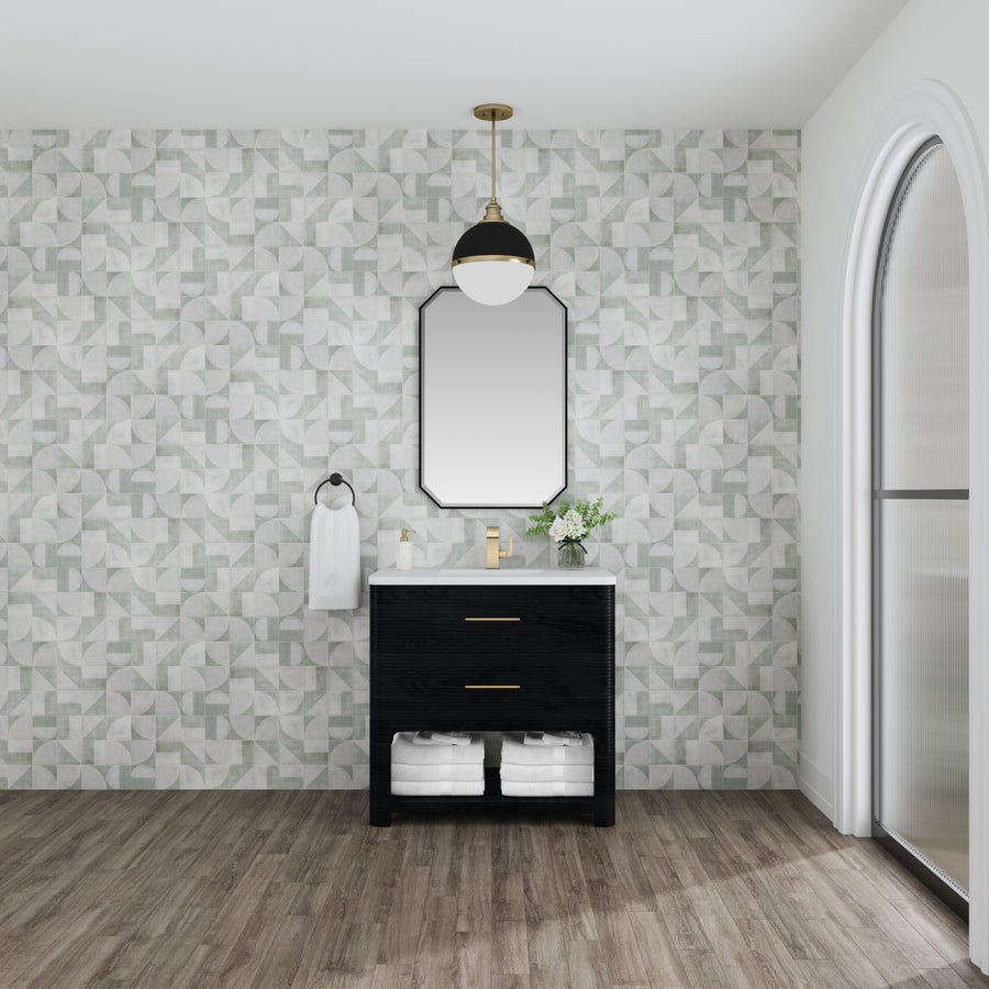A modern bathroom with geometric wallpaper features the Lucian 36" Vanity in black and gold, a rectangular mirror, towel ring with white towel, pendant light, wood floor, and large arched window—showcasing perfect transitional style.