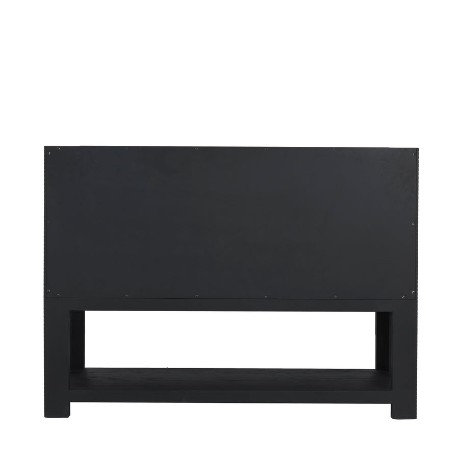 A black rectangular cabinet with a lower open shelf and a solid, closed back panel. The cabinet has a simple, modern design with clean lines.