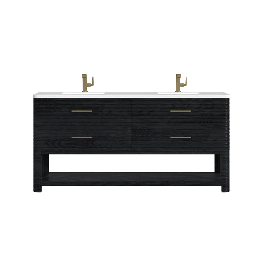 A modern black bathroom vanity with a white countertop, two sinks, gold faucets, four drawers with gold handles, and an open shelf at the bottom.