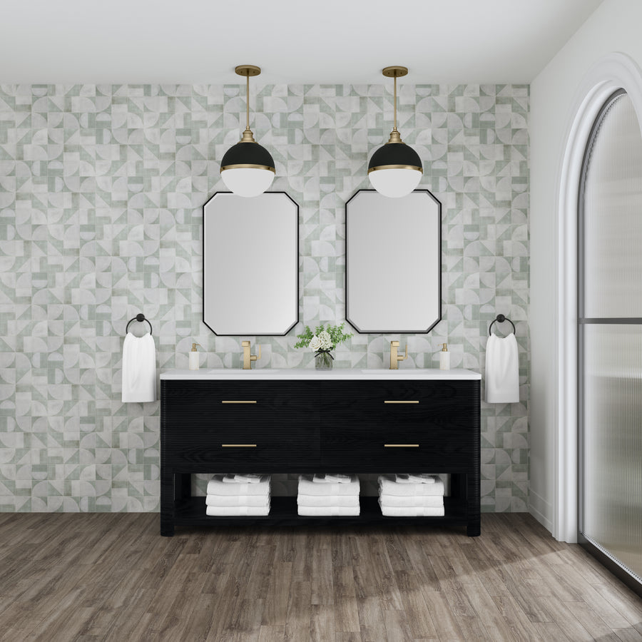 Modern luxury bathroom with geometric wallpaper, two black-framed mirrors, a Lucian 72" Vanity with gold fixtures, double sinks, neatly folded white towels below, pendant lights, and a large arched window.