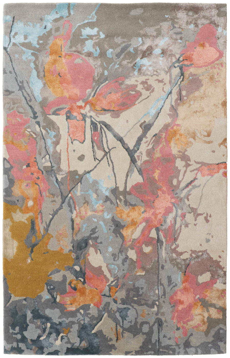 The Dafney Blue/Multi-Color Area Rug features a luxurious mix of blue, pink, orange, gold, grey, and beige in watercolor-inspired splashes and florals—ideal for adding sophistication to any interior.
