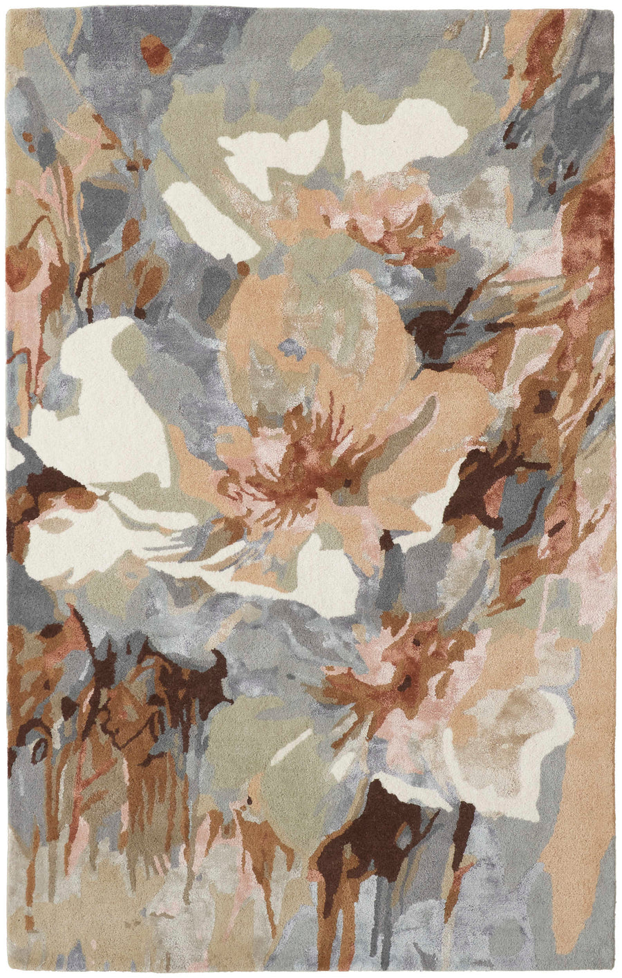 The Dafney Blue/Multi-Color Area Rug adds a luxurious touch to interiors with abstract floral patterns and watercolor effects in beige, brown, blue, gray, and blush hues.