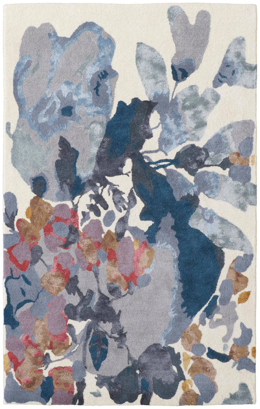 The Dafney Blue/Multi-Color Area Rug showcases soft, overlapping floral watercolor designs in blue, gray, purple, pink, and tan on an off-white background—ideal for elegant interiors seeking a luxurious decorative touch.