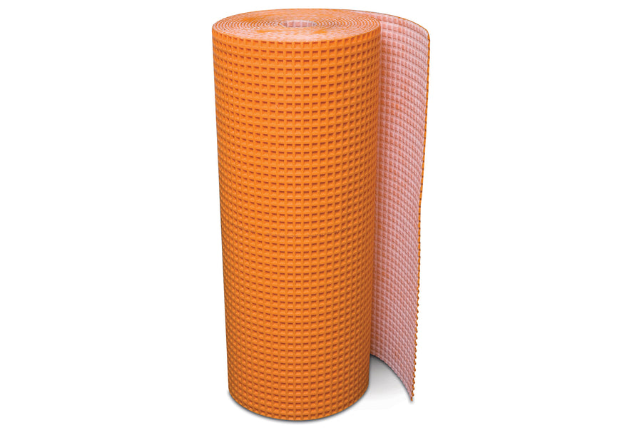 A large roll of Schluter-Ditra Uncoupling Membrane for ceramic tile, featuring an orange waffle pattern and pink mesh underside, is partially unrolled and stands upright against a white background.
