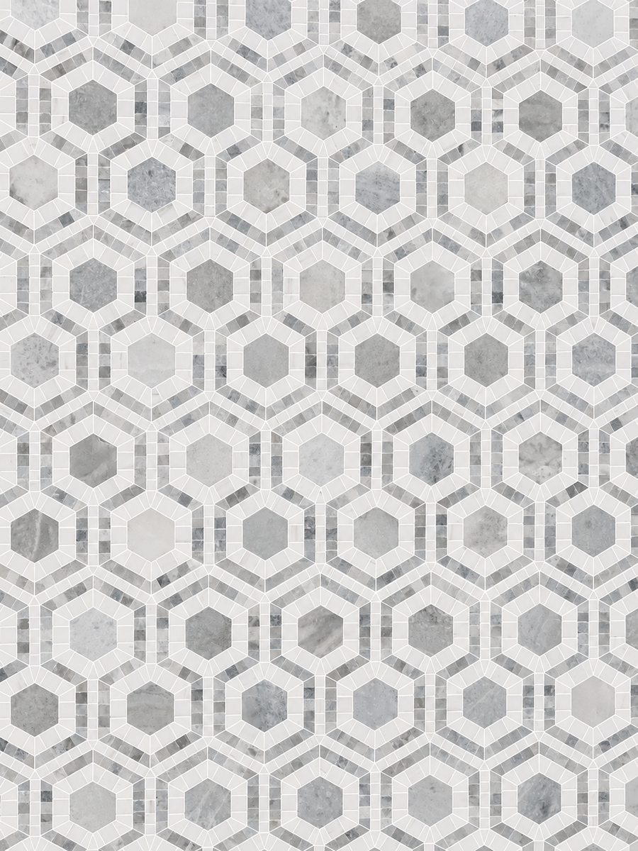 Geometric tile pattern featuring interlocking hexagons and octagons in shades of gray and white, similar to the Blue Horizon Evo Hex Marble Mosaic Tile w/ Dolomite for a symmetrical, visually textured look.