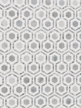 Geometric tile pattern featuring interlocking hexagons and octagons in shades of gray and white, similar to the Blue Horizon Evo Hex Marble Mosaic Tile w/ Dolomite for a symmetrical, visually textured look.