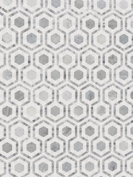 Geometric tile pattern featuring interlocking hexagons and octagons in shades of gray and white, similar to the Blue Horizon Evo Hex Marble Mosaic Tile w/ Dolomite for a symmetrical, visually textured look.