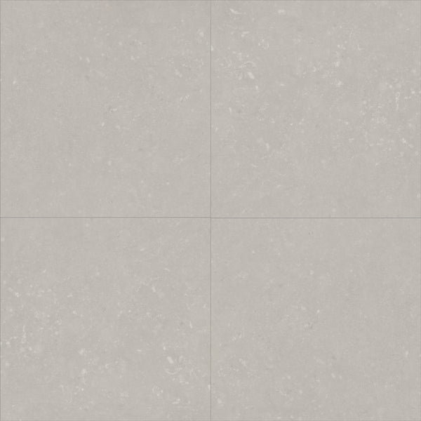 Four light gray Coretec Solid Polymer Core Vinyl Tile pieces with subtle speckles and faint grout lines form a grid. The slightly textured, stone-like surface offers durable flooring with the luxurious look of quality vinyl tile.
