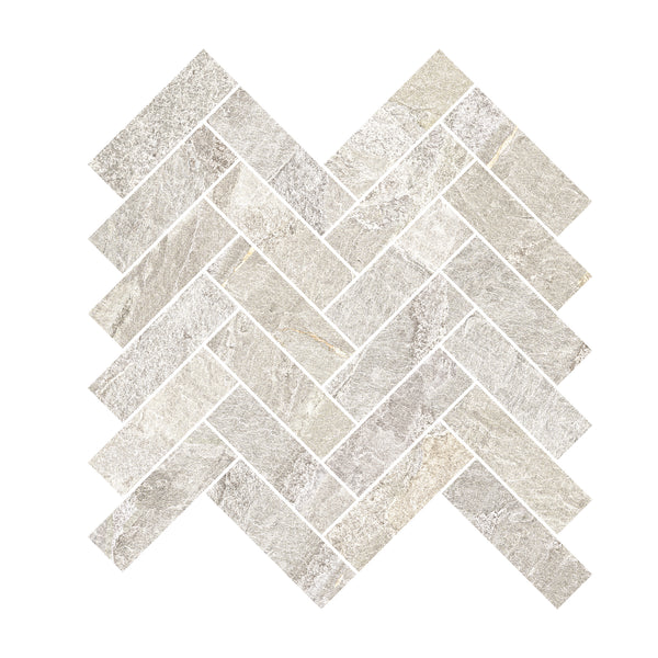 Montagna Herringbone Porcelain Tile in light gray, arranged on a white background, forms a symmetrical arrow-like pattern with textured stone and slate visuals.